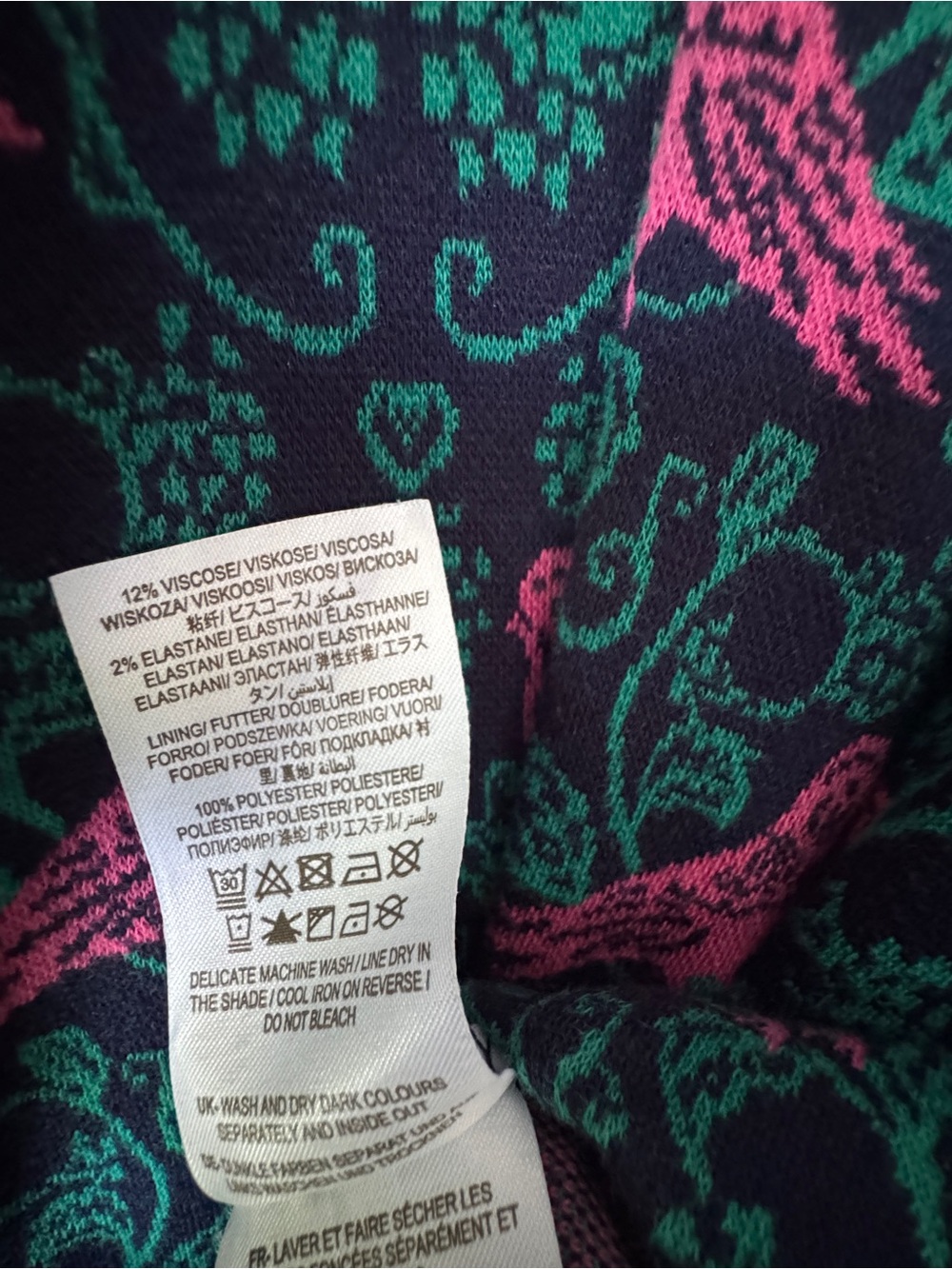 Boden Annie Jacquard Dress in Navy/Green/Pink Bird Motif - Picture 8 of 9